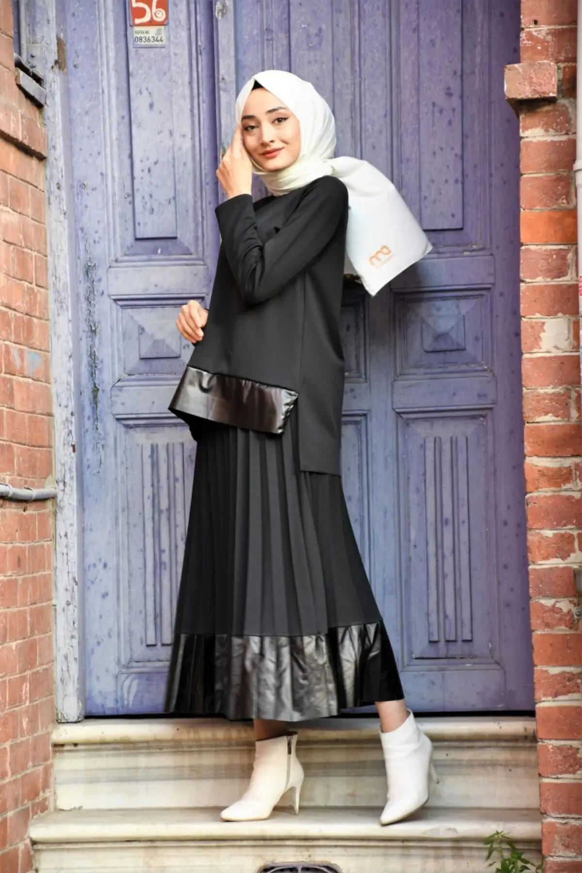 Modamafra Leather Detail Skirted Suit-Black M3485 women dress 2020 fashion 100% sweater Muslim clothes autumn/winter Hijab clothing