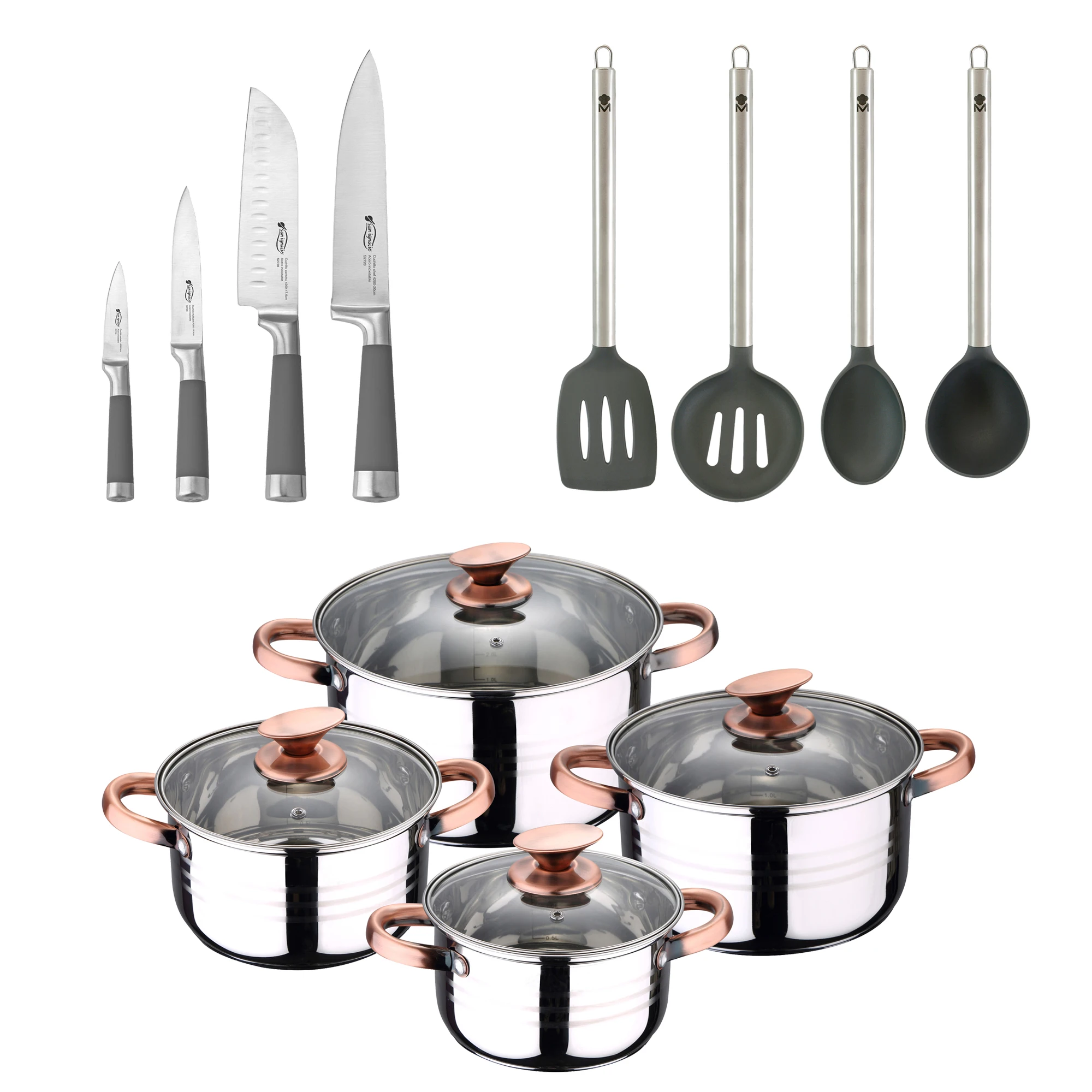 Kitchen battery 8 pieces in stainless steel with nylon utensils and kitchen knives in SAN IGNACIO stainless steel