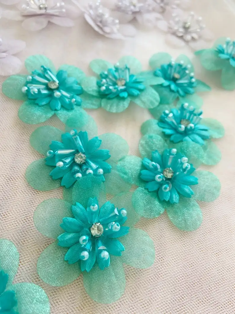 

10 pcs Turquoise Heavy Bead Petals With Rhinestone, Hand Crafted Flowers 3d Florals Applique,