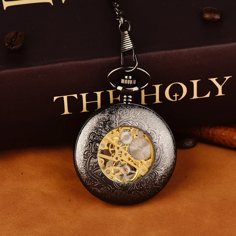 Hanging watch Large chain hollowed-out wheel black pocket watch Roman scale black mechanical pocket watch