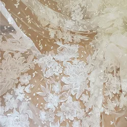 Off White Floral Embroidery Tulle Lace Fabric , Clear Sequin Dot Fabric for Wedding Bridals Veil Lace Gown 140cm Wide