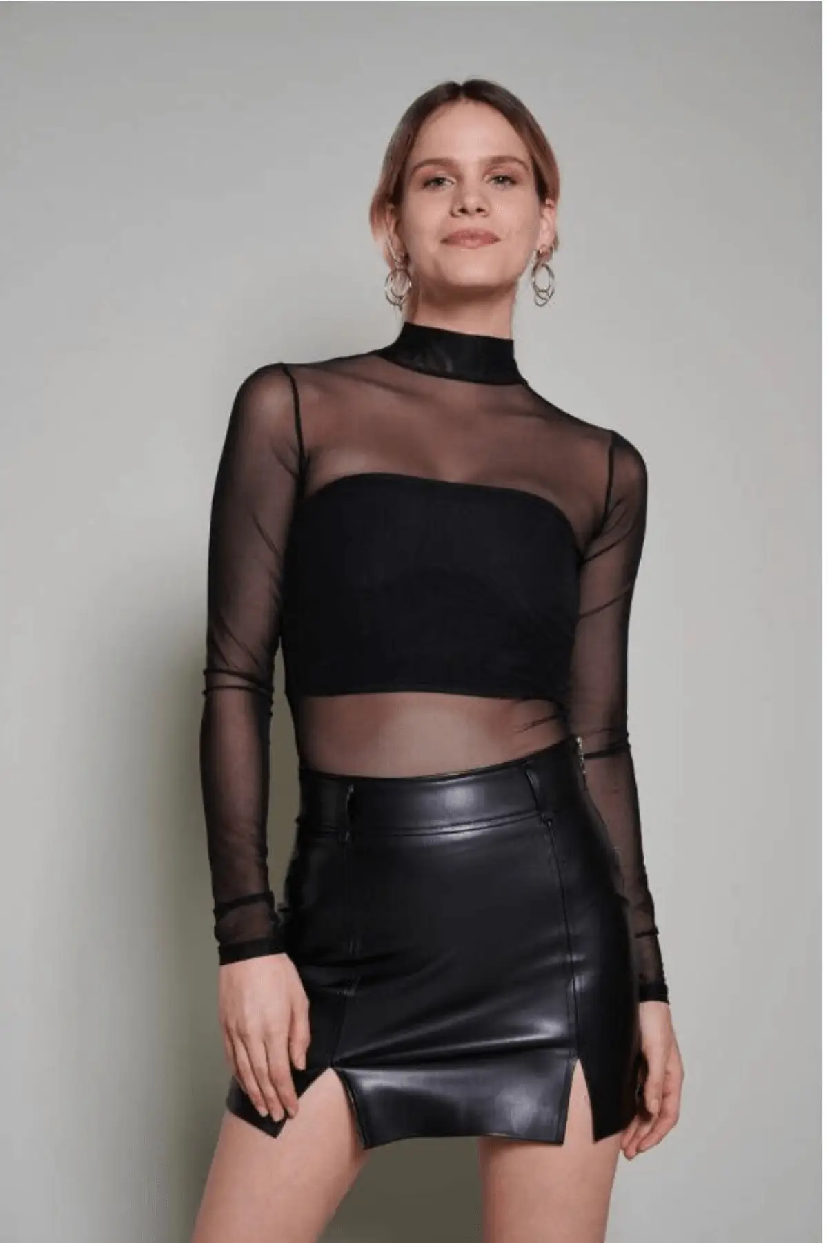 TUGBA Sexy Women T-Shirt See-Through Transparent Mesh Tops Long Sleeve Sheer Slim Ladies Turtleneck T-Shirts 2021 Casual