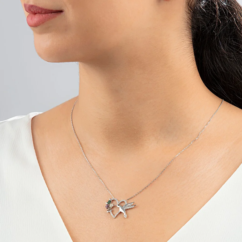 

Women's 925 Sterling Silver Necklace Woodpecker and Heart Figured