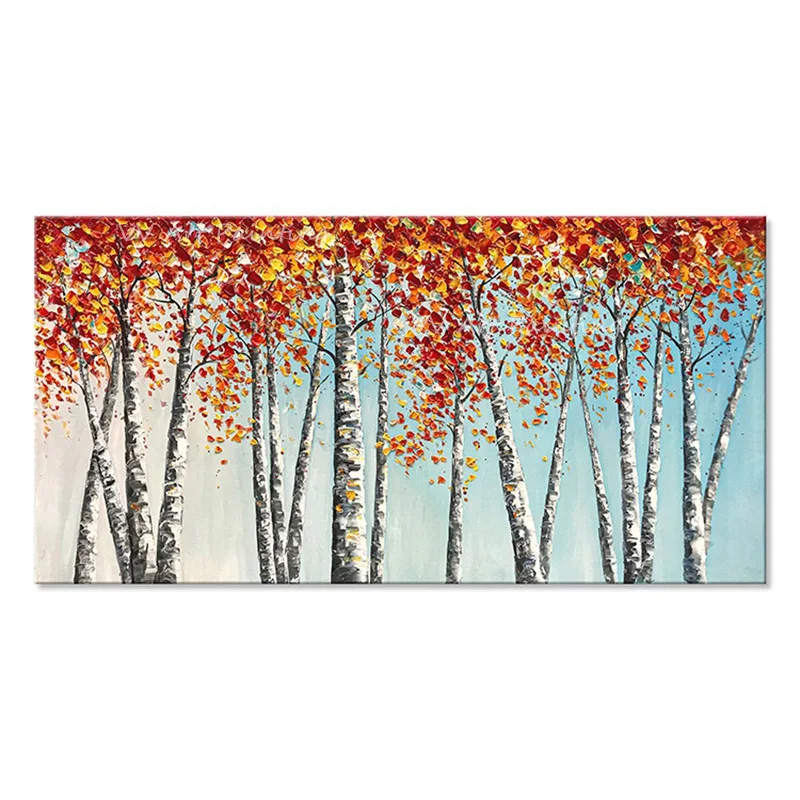 Original Hand-Painted Forest Landscape Canvas, Thick Impasto Birch Oil Art, Vibrant Autumn Leaves Horizontal Modern Wall Decor