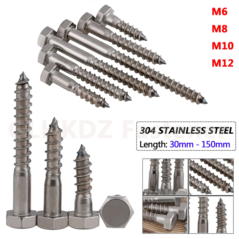

M6 M8 M10 M12 External Hex Hexagon Head Self Tapping Wood Screw Coach Screw Lag Bolt 30mm to 150mm A2 304 Stainless Steel DIN571