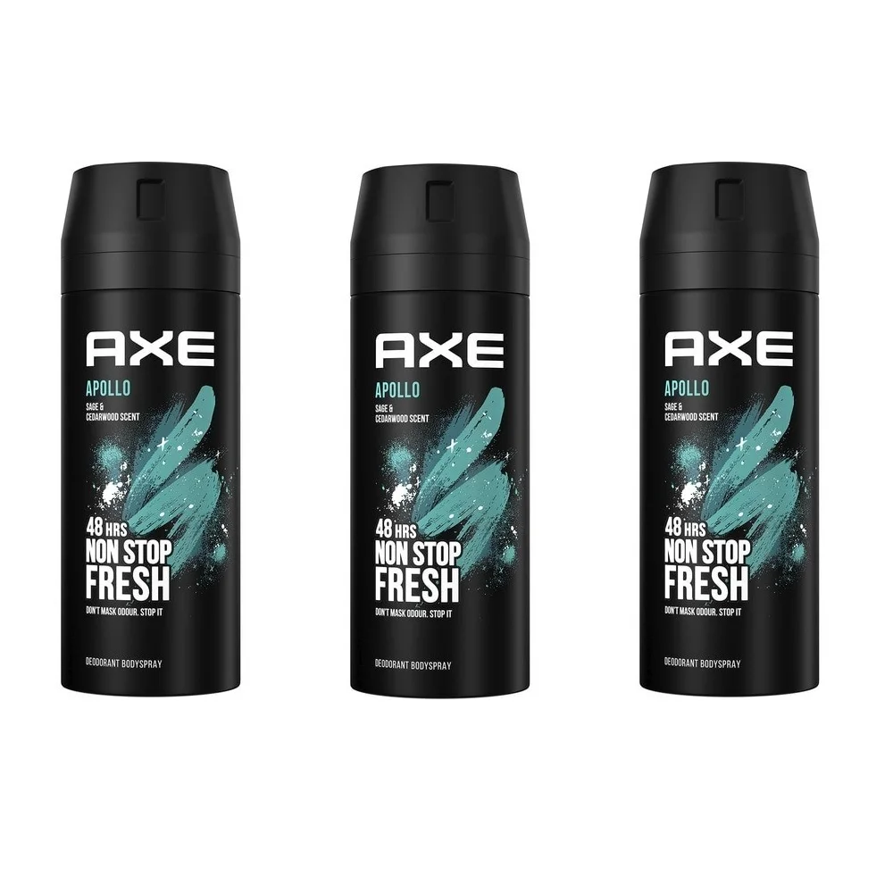 Axe Apollo 150ml Bodyspray Men deodorant Pack 3x150ml Saver Pack 48H Non Stop Fresh