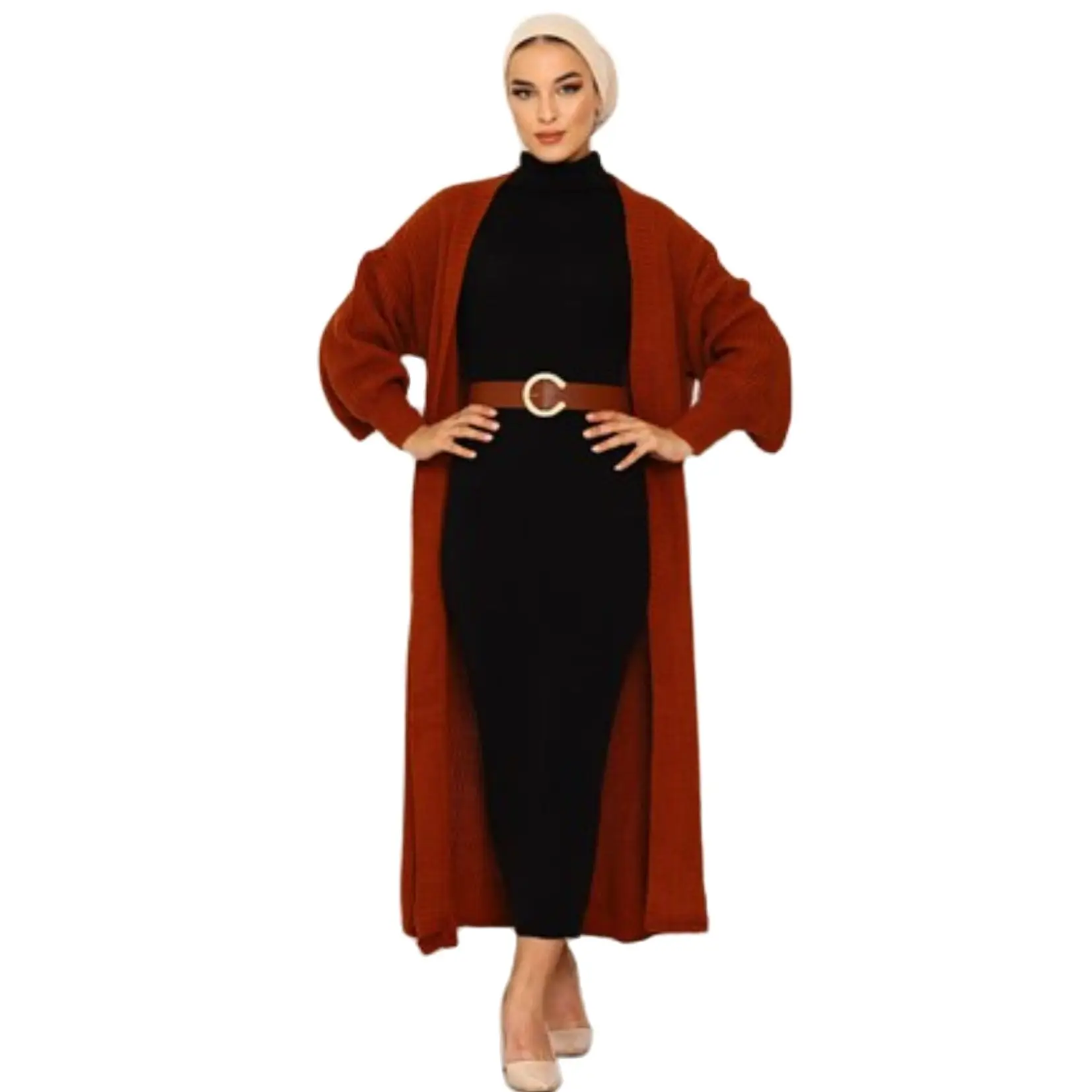 2 Piece Women's Set Embroidery Patterned Knitwear Maxi Turtleneck Dress and Pocket Detailed Maxi Cardigan Turkey Muslim Fashion