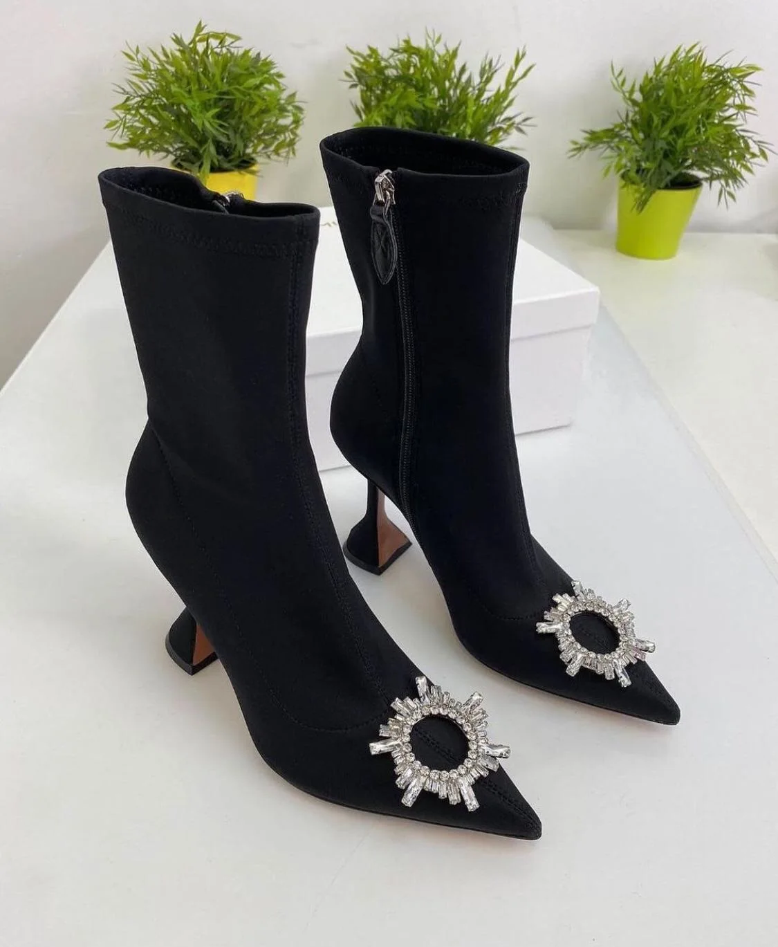 2022 New Season Stretch Lycra Women Ankle Boots Autumn Winter Triangle Heels Pointed Toe Shoes Black High Quality Made in Turkey