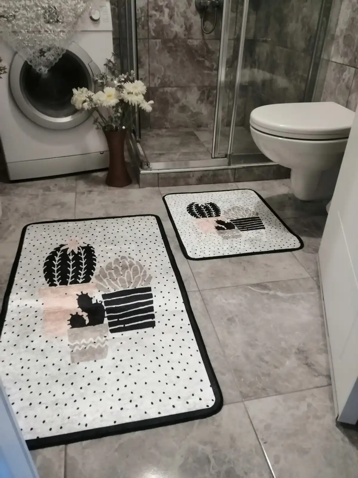 Chilai Home Three Cactus Djt 2 Pcs Set Bath Mat Non-Slip Toilet Seat Set Toilet Floor Mat Washable Home Bathroom Mat Bath Mats