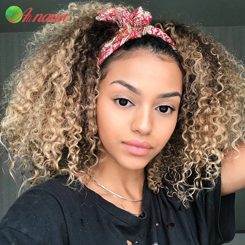 Headband Wig #1B/27 Spiral Curly Beginner Friendly Glueless Scarf Remy Human Hair Wigs For Women Peruvian Blonde Kinky Curly