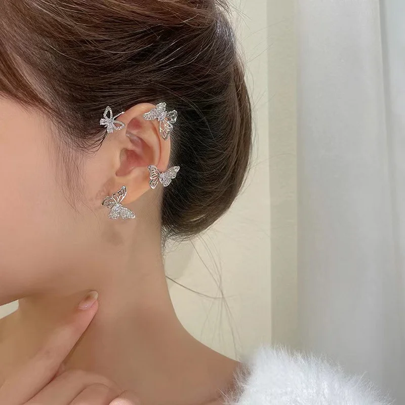 Exquisiter funkelnder Zirkon-Blätter-Ohrklemm-Ohrstecker für Damen, silberfarbene Kubikzirkonia-Ohrringe, Partyschmuck – Detail 10