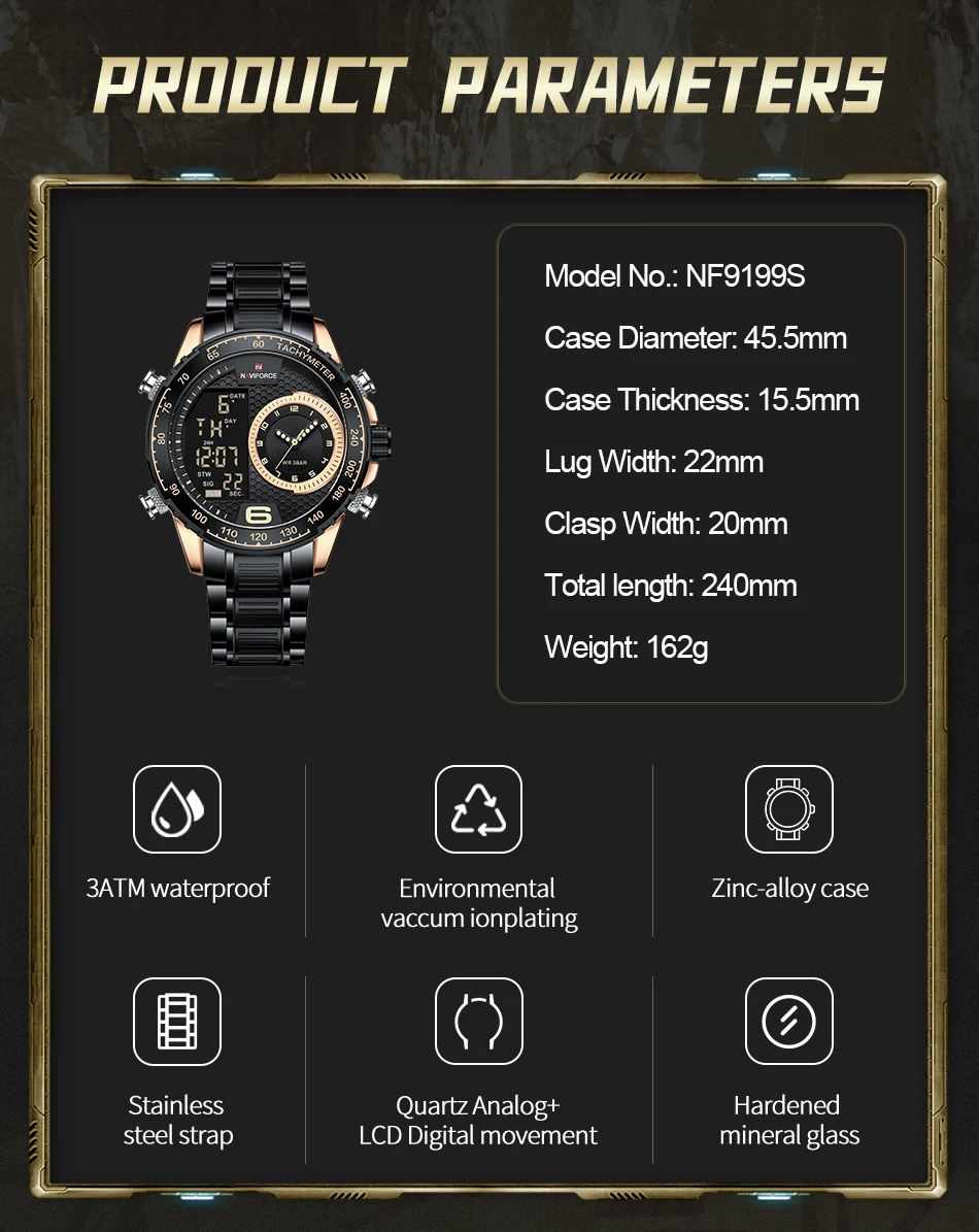 NAVIFORCE Luxury 2024 Watch Men Stainless Steel Digital Sport Chronograph Quartz Wrist watch Dual Time Luminous Waterproof Clock