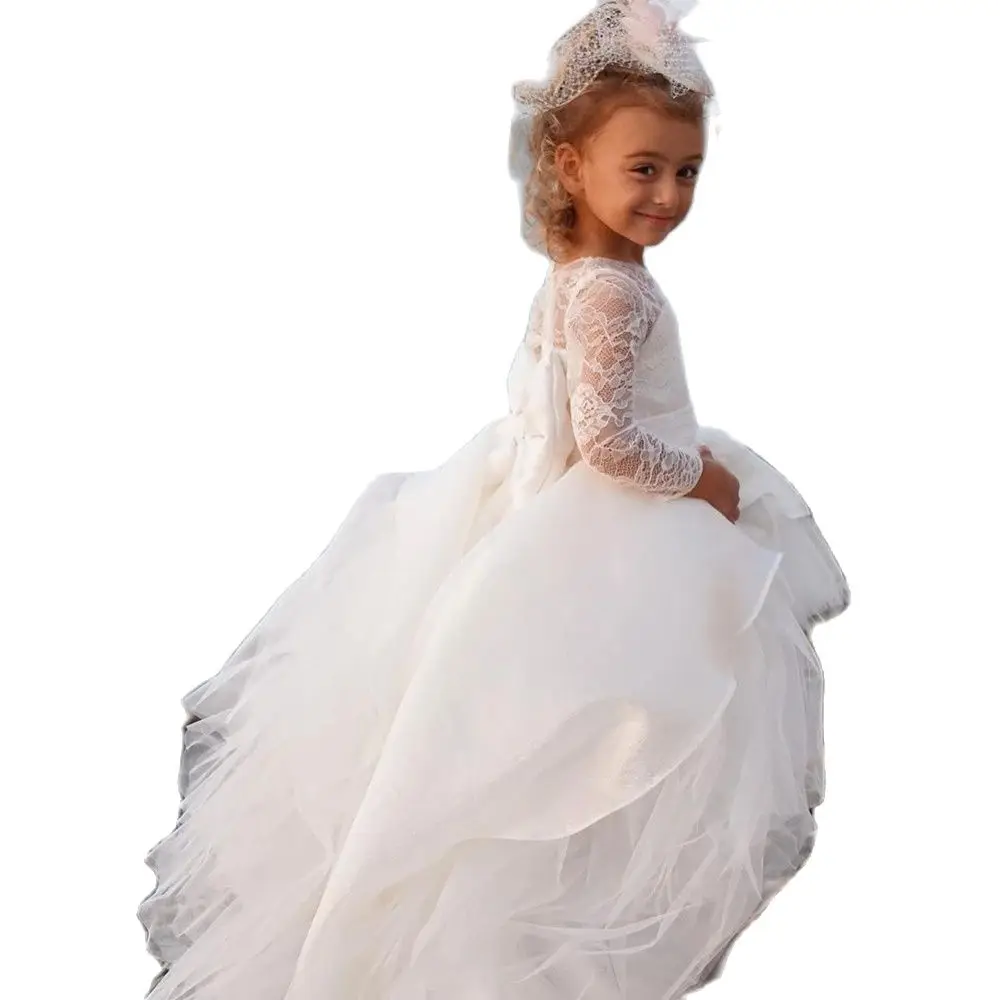 Layer Ball Gown First Communion Dresses Long Sleeves Lace Flower Girl Dresses Satin Bow Princess Dress robe de princesse fille