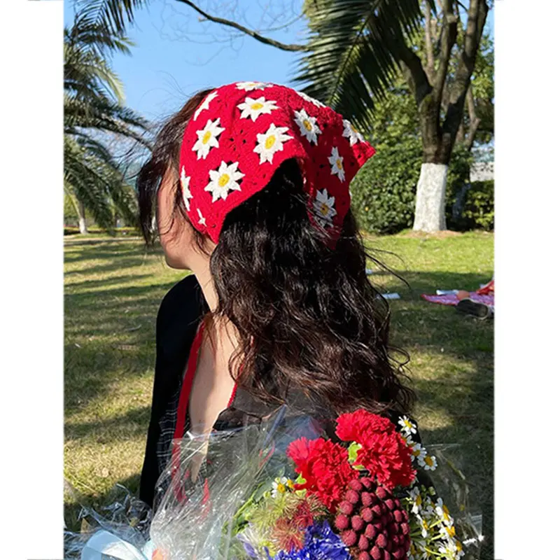 Flowers Daisy Triangle Scarf Knitted Headband Handmade Crochet Hair Band Turban Bandana Headwrap for Women Hair Accessories NEW