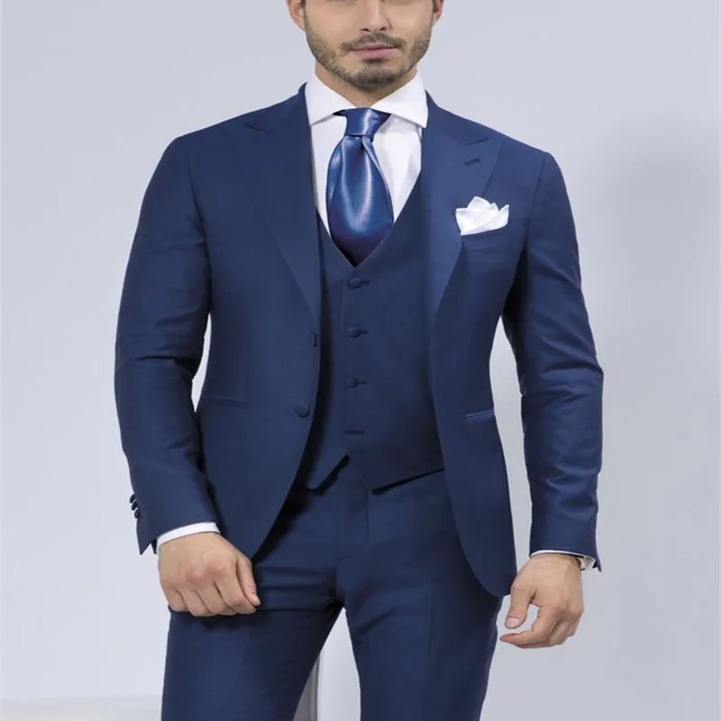 3Pieces Mens Suits Fashion Design Navy Blue Wedding Groom Tuxedos Slim men suit Party Dress Morning Style(Jacket+Pants+Vest+Tie)