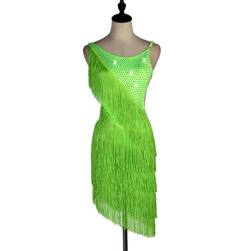 

neon green latin dress cha cha salsa tango dresss Rhinestones Costume Stage dress custom sequin tassel fringe lq013
