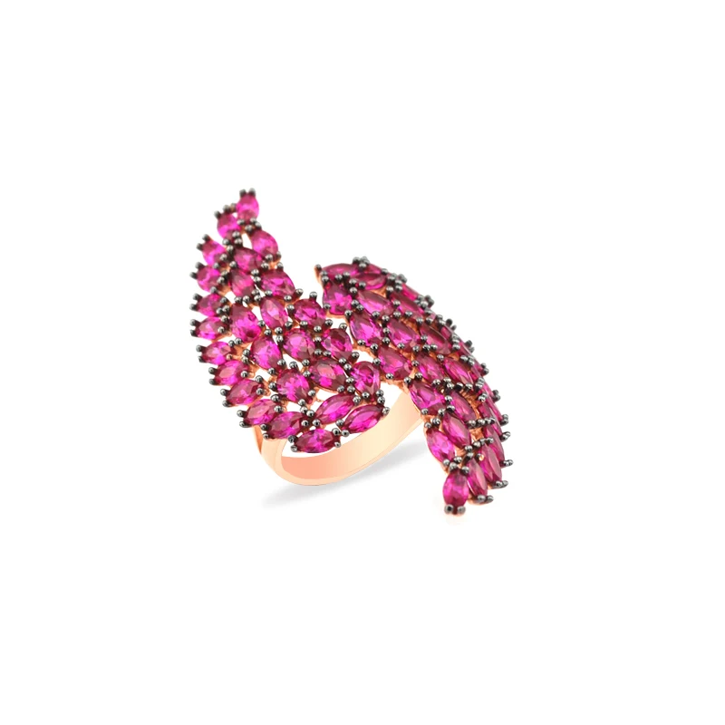 Double Wings Ring 925 Silver Angel Wings Ring Rose Gold Plated Pink Color Stone