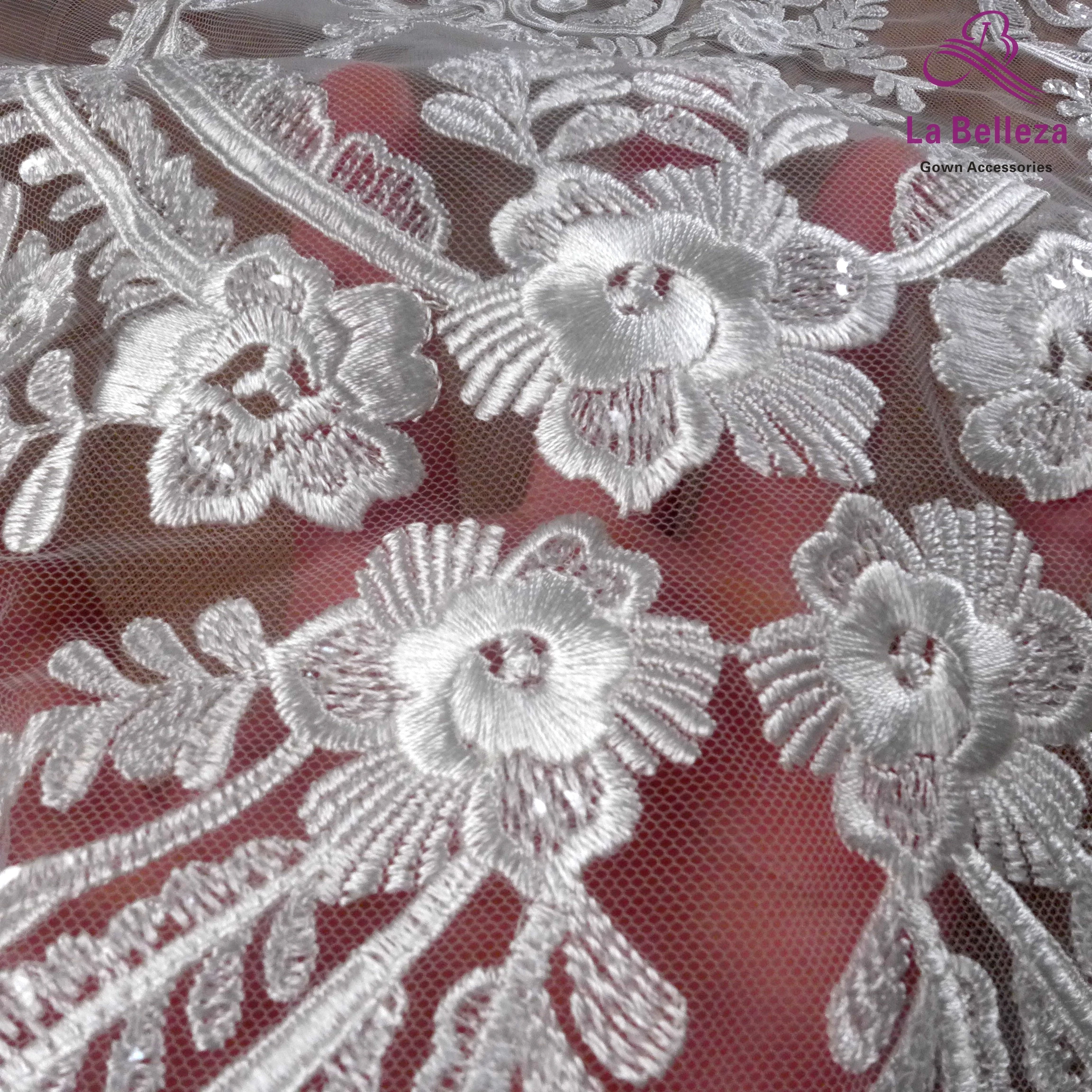 La Belleza new lace fabric,heavy embroidery bridal lace fabric,rayon with clear sequins large patterns lace fabric 1 yard