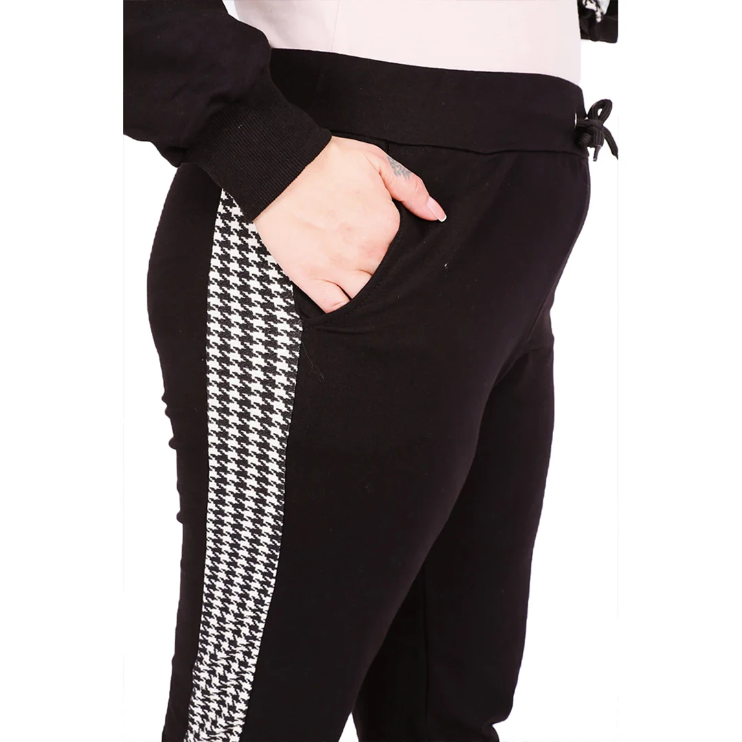 Women’s Plus Size Black Sweatsuit Set 2 Piece Houndstooth Detail Tracksuit, Designed and Made in Turkey, New Arrival