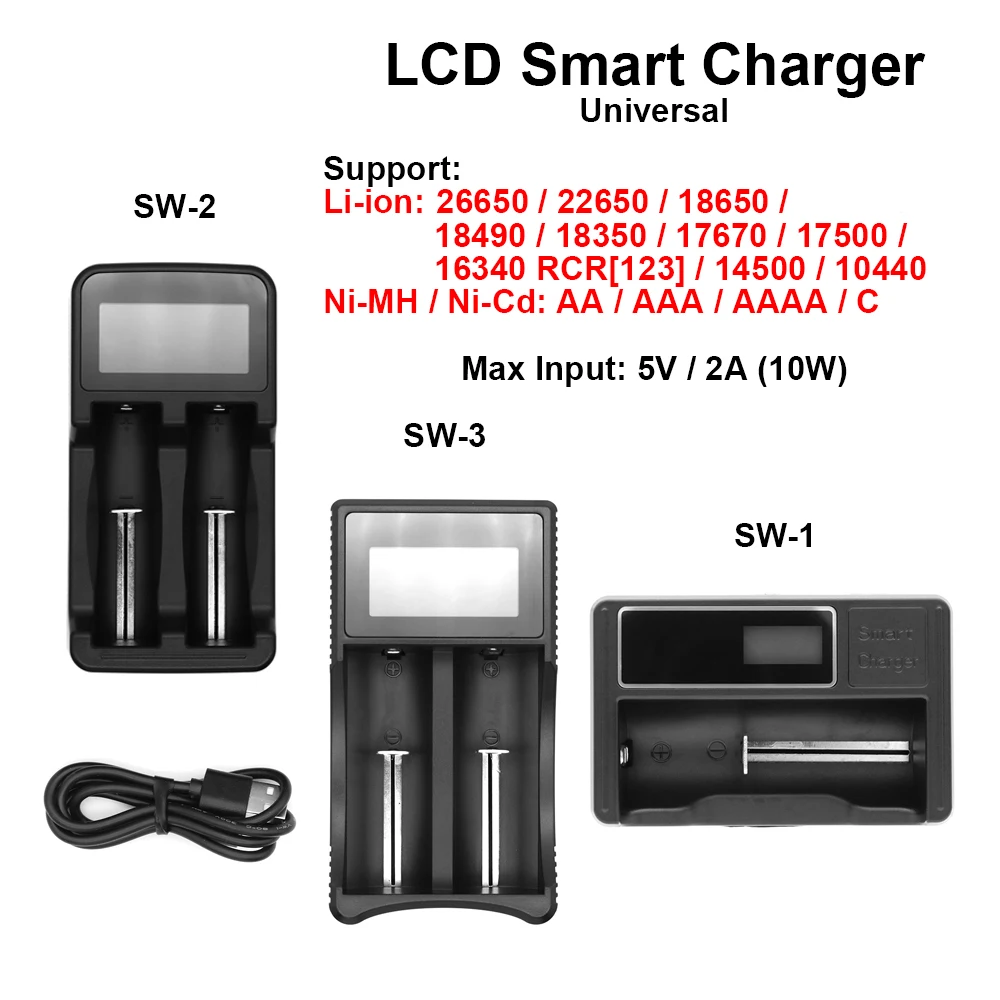 LCD Universal Charger for Li-ion:20700/26650/22650/18650/16340/RCR[123] Ni-MH/Ni-Cd:AA AAA AAAA C Rechargeable Batteries etc.