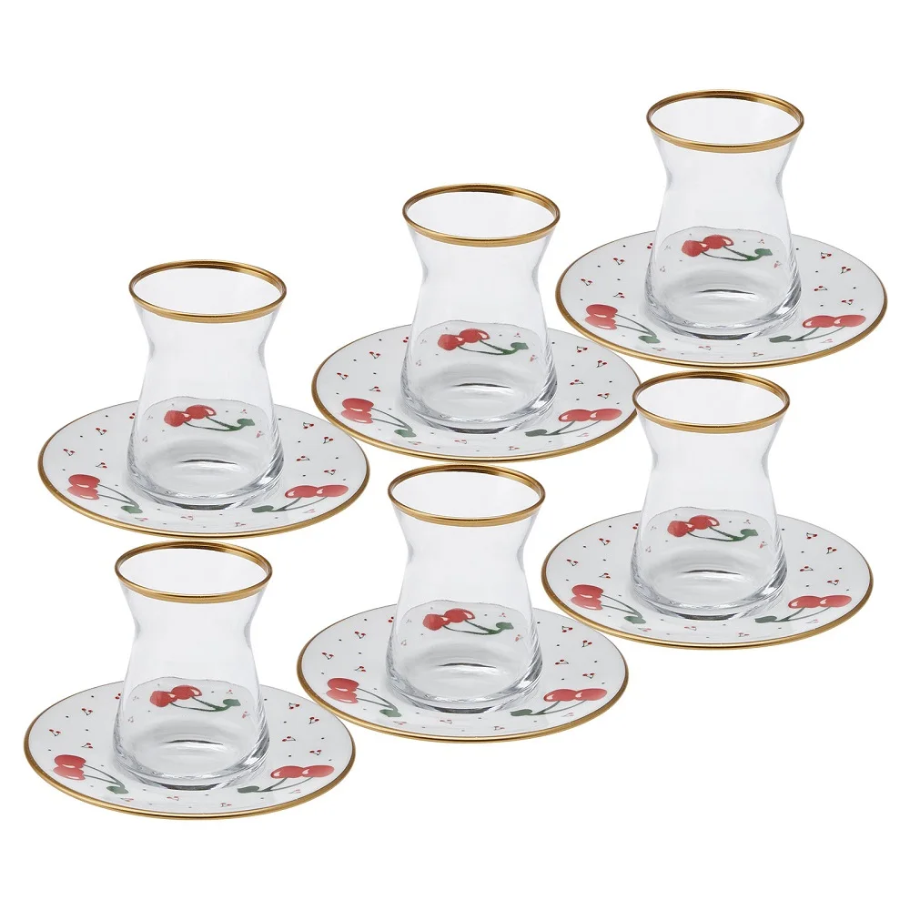 Cherry Patterned Red Glass Tea Cup Set 6 Person Tea Set Tea Saucer 12 Pieces 6 Glasses 6 Saucers 6 Persons Tea Set Hot Drink