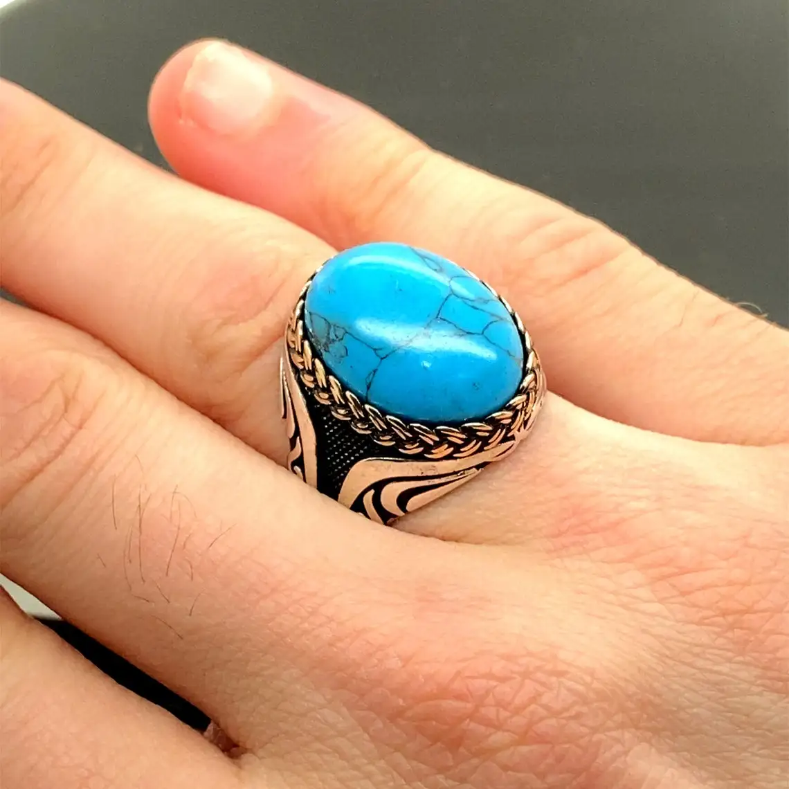 925 Sterling Silver Turquoise Rings Oval Turquoise Stone Men’s Rings For Daily Collocation Fashion Jewelry Ring Gift For Him