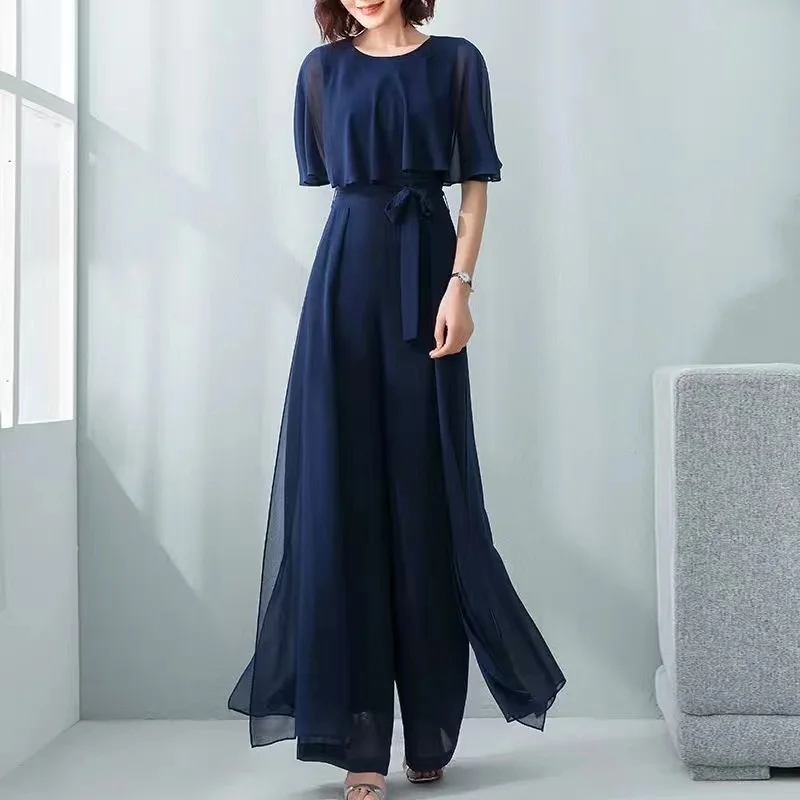 2022 New Chiffon Jumpsuit Wide Leg Suit Lotus Leaf Sleeve Jumpsuit Women's Summer Long Jumpsuit