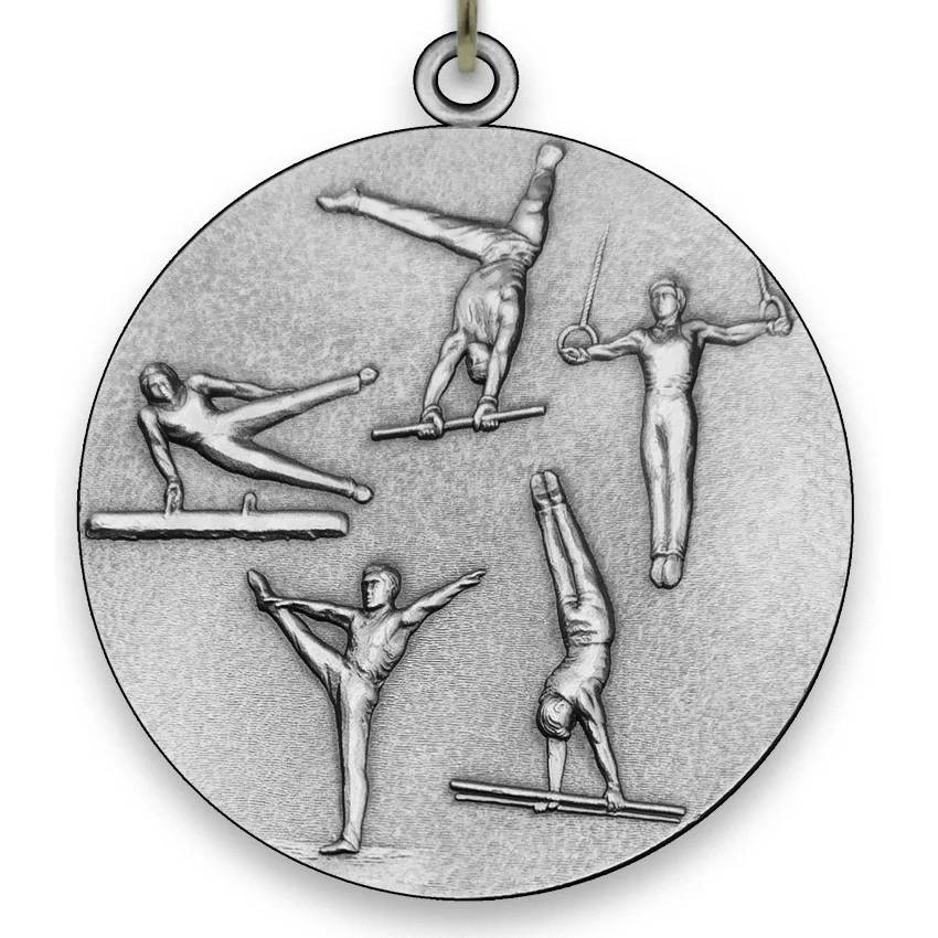 Large Metal Gymnastics Male Silver Medal - 6,4 cm - with Neck Ribbon size 2,2cm x 80 cm - Choice of Ribbon Colours.