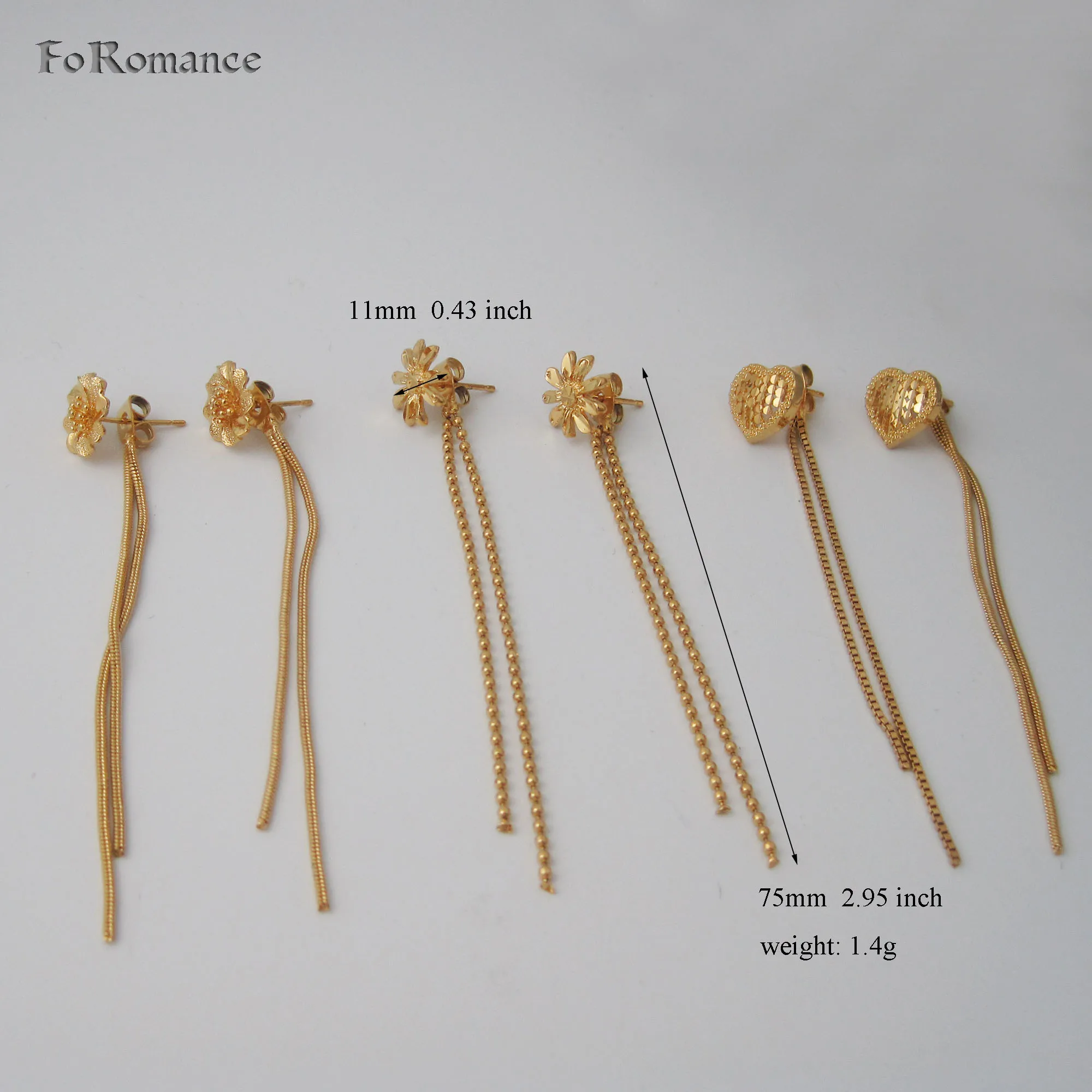 YELLOW GOLD PLATED STUD EARRING WITH A LONG BACK STOPPER TAIL 75MM 2.95 inch EARRING THREE STYLES AVAILABLE FLOWER HEART