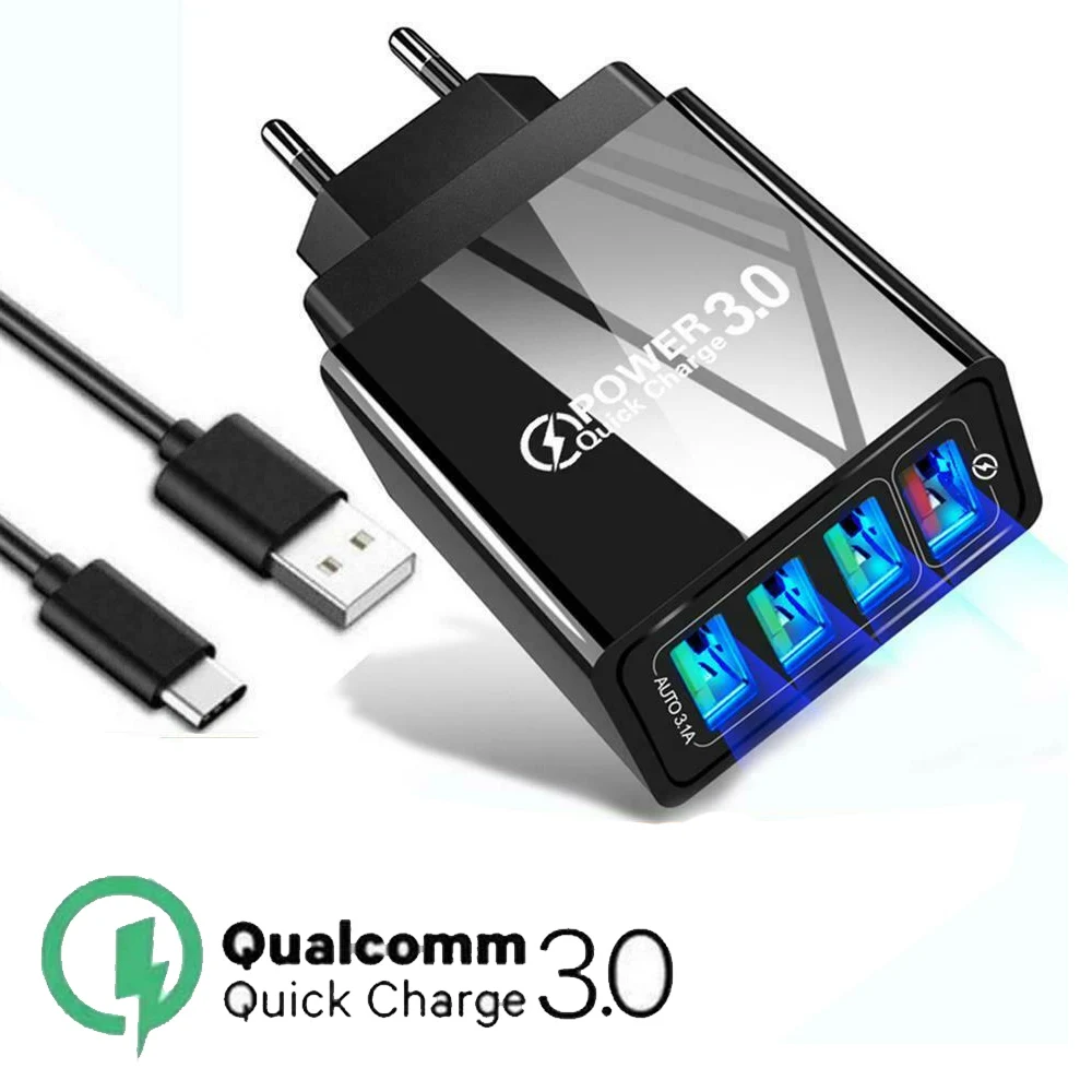 4 3.0 outlets usb mobile fast charging charger with Type C or micro USB cable to charge xiaomi oppo iphone Huawei samsung