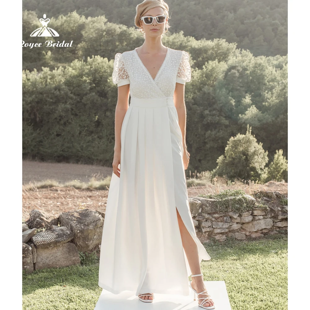 

Sexy High Split Boho V-neck Short Puff Sleeve A line Wedding Dress 2022 Chiffon Bridal Gown Ankle-Length Lace robe de soirée