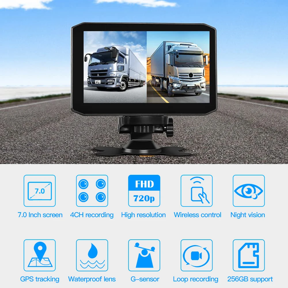 VSYS 4CH Dash Cam DVR 7.0'' Monitor Vehicle Backup Camera for Semi Trailer Truck Van Tractor GPS Night Vision Lens