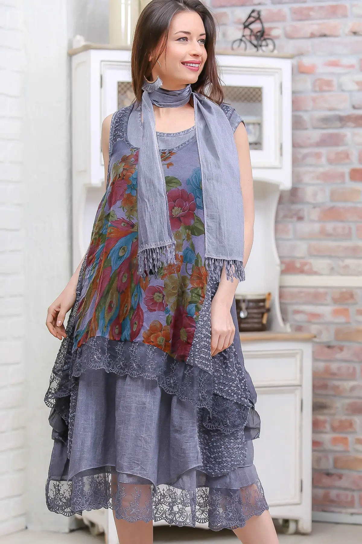 Chiccy Women's Gray Vintage Floral Print Ruffled Washed Double Sleeveless Dress New Fashion Fall and Woman Vintage Modern Rustic