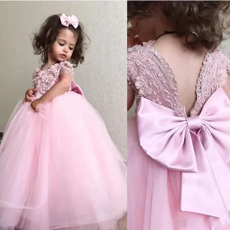 Lovely Lace Beaded Pink Flower Girl Dresses Backless Ball Gown Little Girl Wedding Dresses Vintage Communion Pageant Dresses Gow