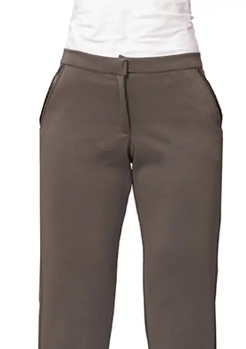 Women's straight trousers in dark gray elastic fabric. Button and zip Pantalon, very comfortable with pockets