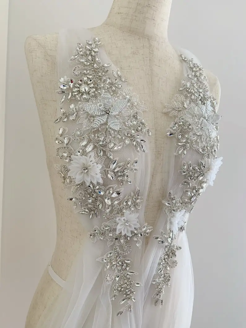 Silver Rhinestone Appliqué With 3d Hand Crafted Flowers French Bead Bodice Patch For Couture Dance Costume, Bridal Dress,