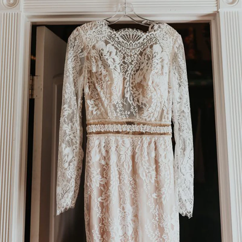 Robe de mariée en dentelle VINTAGE, manches longues, dos nu, sirène, Champagne, fête de mariage, sur mesure, Photo réelle, prix d'usine, #1023