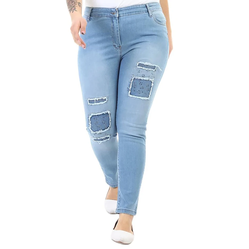 Hanezza Plus Size Women Fashion 2021 Winter Clothing Stone Detailed Ripped High Rise Full-Lenght Elegant Denim Trousers 2XL-7XL Large Size Highly Seasonal Chic Jeans 44-54 EU Casual Wear Female Light Blue, Dark Blue