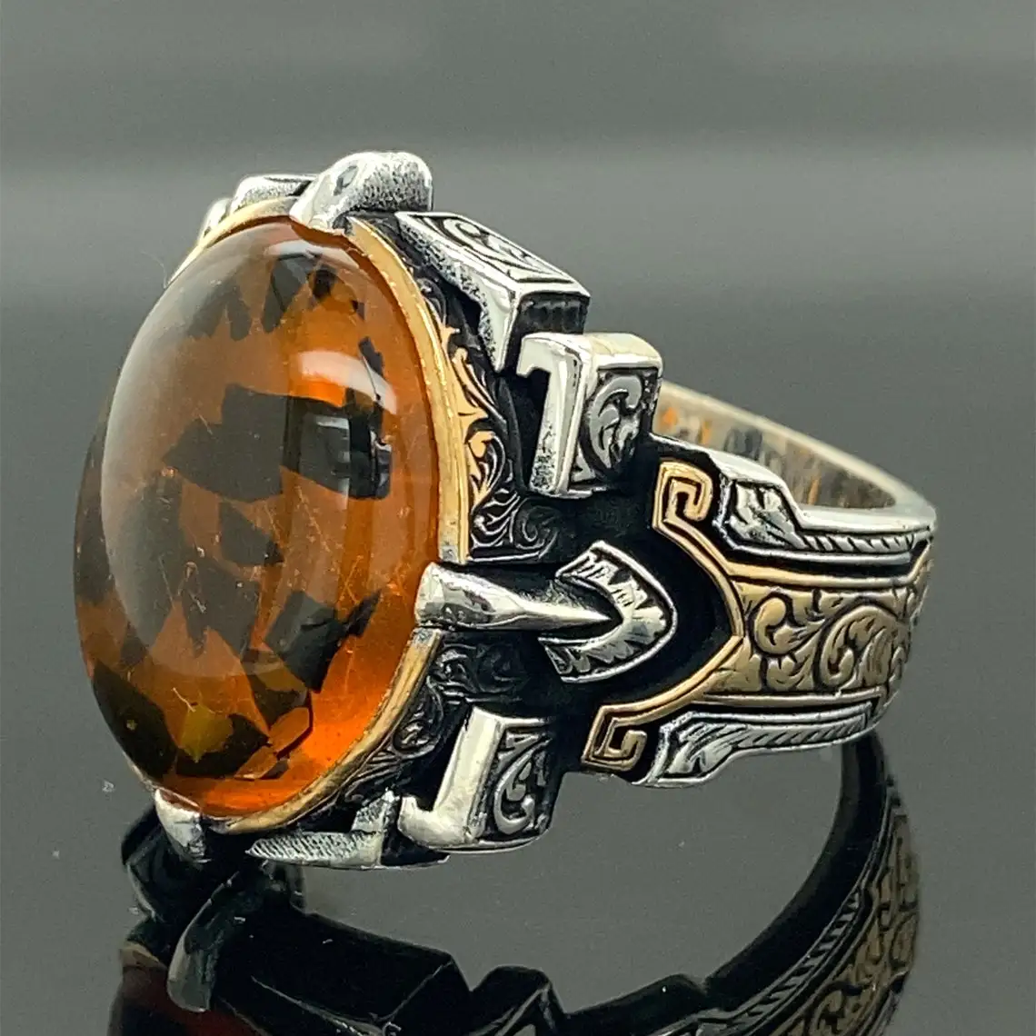 Elegant Design 925 Sterling Silver Honey Amber Stone Men's Ring Accessory Ottoman Style Jewelery Gift For Him