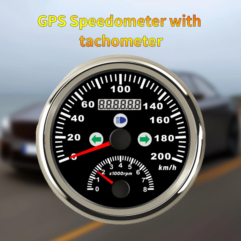 85mm 0-200km/h GPS Speedometer Tachometer 0-8000RPM 2 in 1 High Beam Turn Light Red Backlight 12V with GPS Antenna Universal