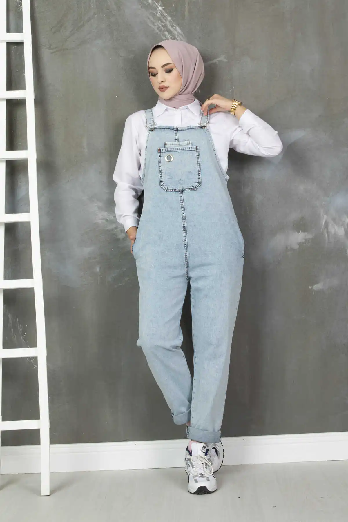 Women Front Pocket Hijab Denim Overalls Ramadan Fashion Muslim Two Pieces Robe Turkey Dubai Silky Robe Full Length Dress 2022