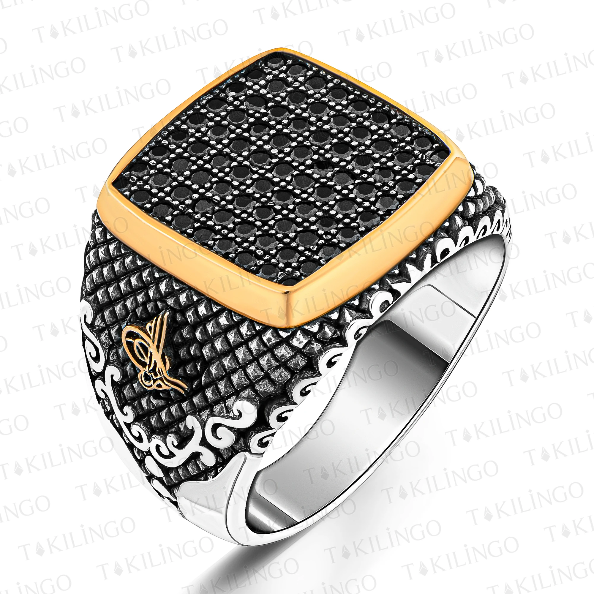 925 Sterling Silver Black Mini Zircon Stone Sides Ottoman Seal Tugra Model Craftsman Handmade AuthenticVintage Biker Men's Ring