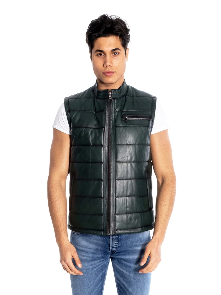 Genuine Soft Leather Handmade Green Man Vest Biker Style High Quality Lambskin Metal Zipper Winter Gift For Valentine's Day