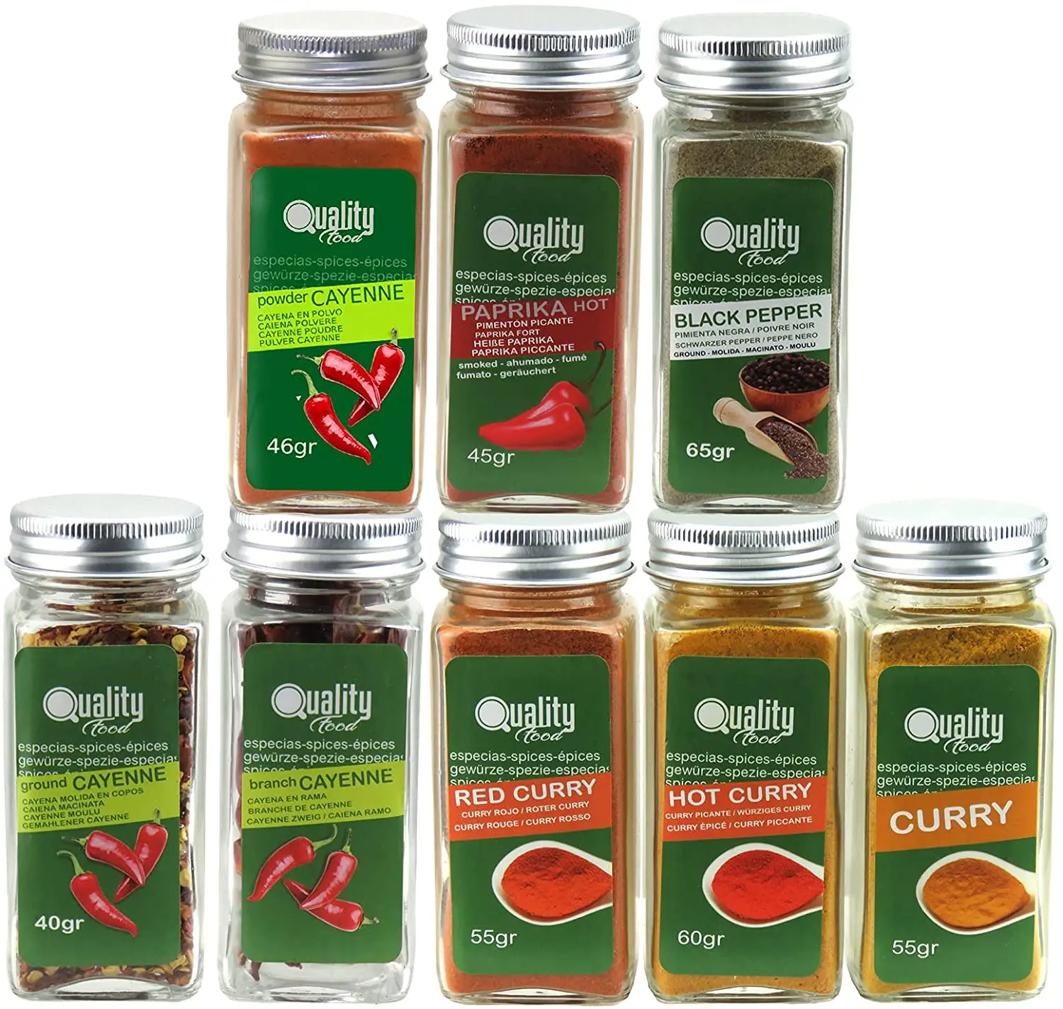 Pack de especias combinado de Curry. Ideal para regalo y uso diario. 8 Tarros de cristal, reutilizables. Tres tipos de Curry, Pimentón Picante,