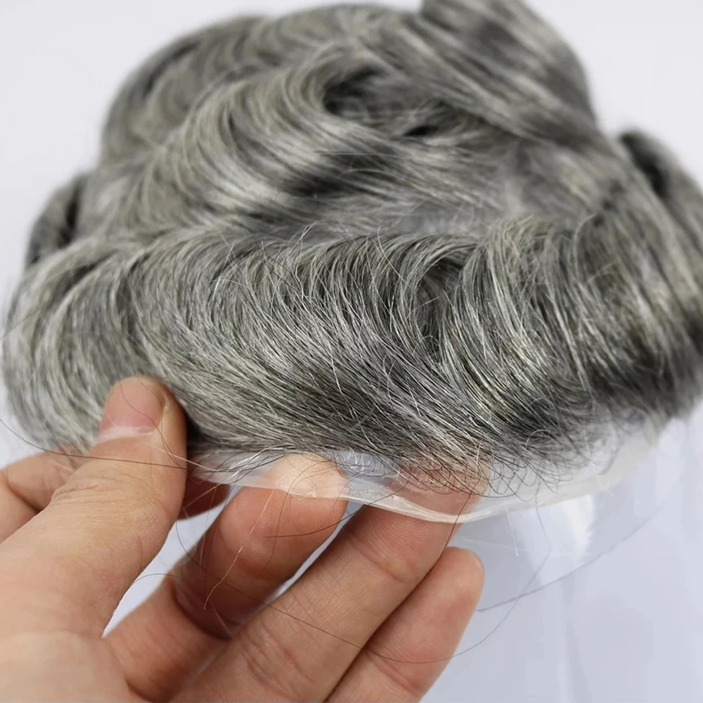 Parrucca da uomo 1B misto grigio grigio capelli umani durevoli pelle sottile Toupee Wave per uomo sistema di sostituzione v-loop Pu trasparente completo