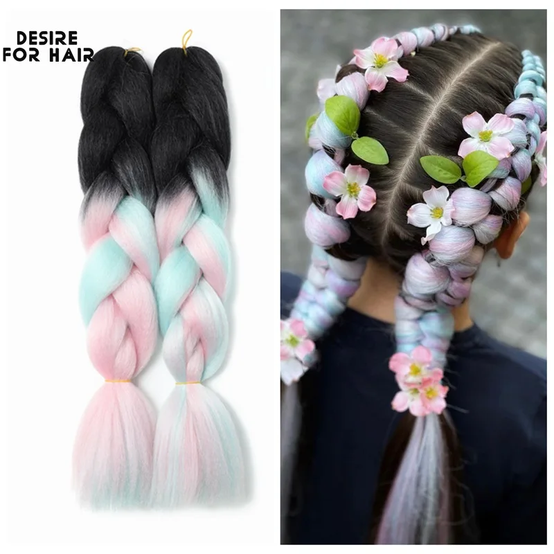 Desire for Hair 24inch 60cm Synthetic Hair Extensions Jumbo Braiding Hair Rainbow Mixed Ombre Color Heat Resistant Braids