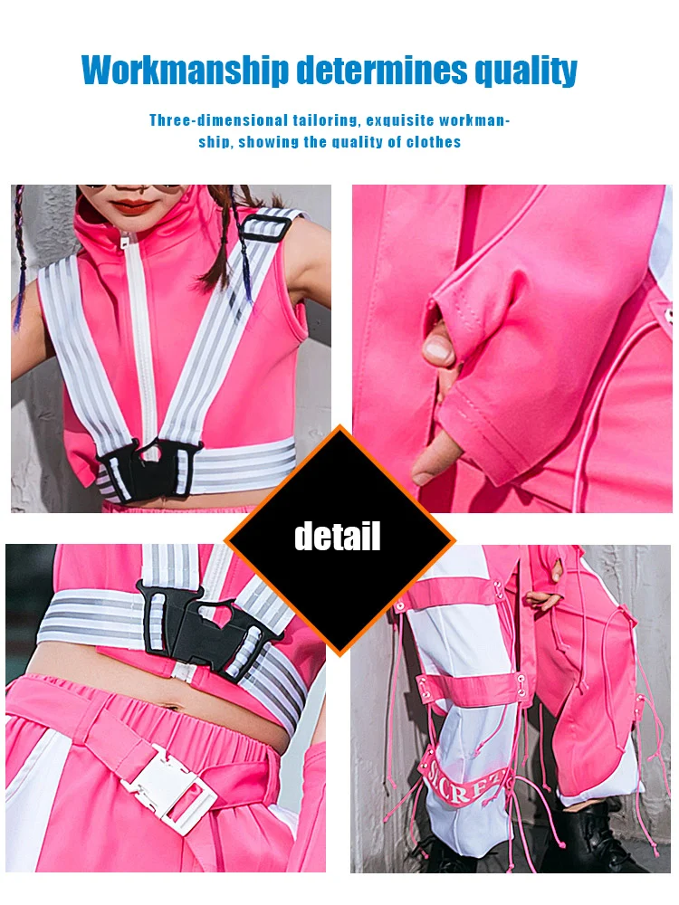 ZZL K-pop Stage Outfit for Girl Urban Dance Children Clothes 4 Pcs White and Pink Costume Jazz Hip-hop Street Dance Show Wear