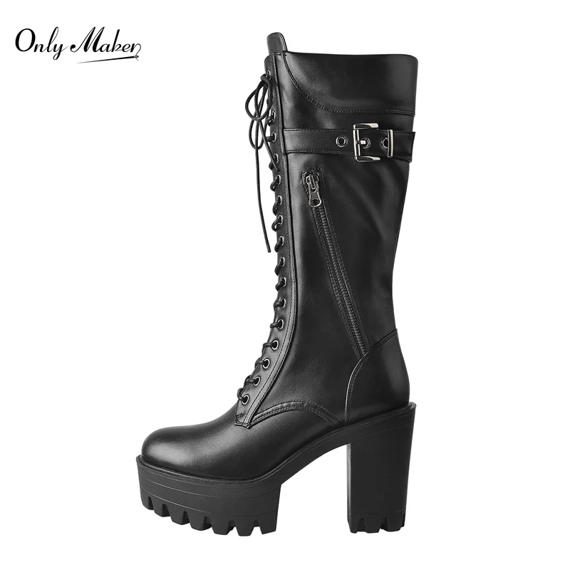 

Onlymaker Brand Platform Round Toe Matte Black Lace-up Knee Chunky High Boots Buckle Punk Zipper Boots