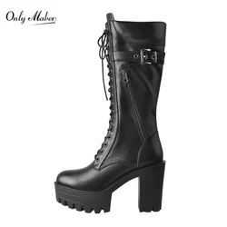 Onlymaker Brand Platform Round Toe Matte Black Lace-up Knee Chunky High Boots  Buckle Punk Zipper Boots