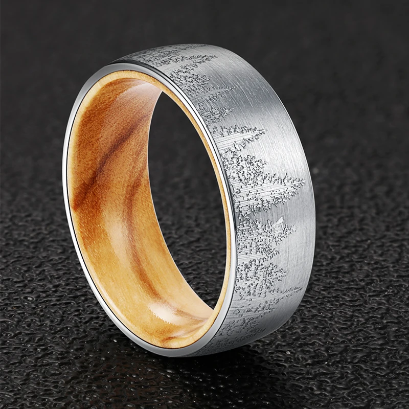 Rings For Men  Popular Models Tungsten Steel Ring 8mm Laser Forest Pattern With Solid Wood Inner Black Steel 2 Color